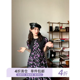 高腰中长裙夏季 大翻领碎花连衣裙2022新款 你好卡农 女设计感短袖