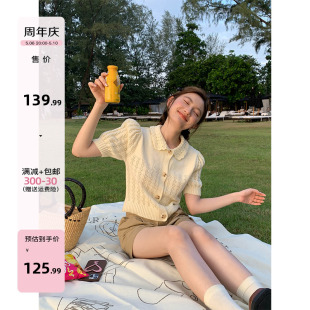 翻领短袖 你好卡农 女春夏2024新款 针织开衫 上衣 钩花娃娃领泡泡袖