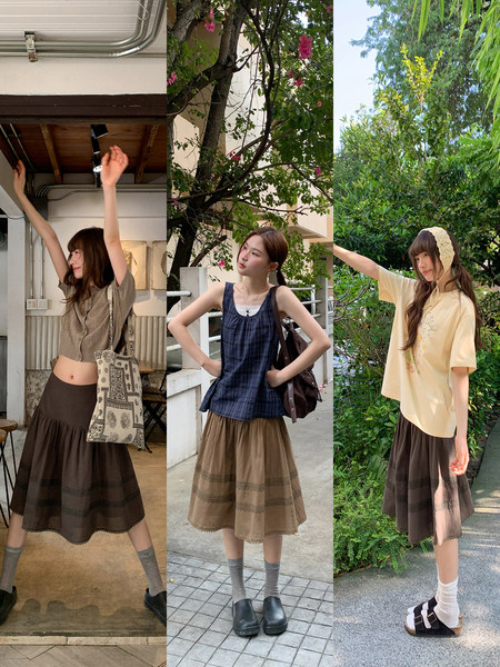 Three photos of a woman modeling a casual vintage-inspired summer outfit with skirts and tops