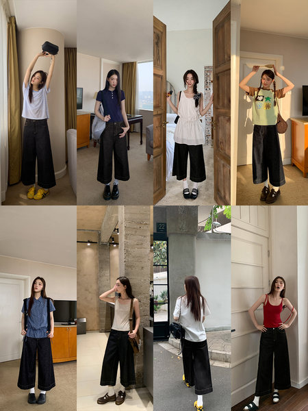 Collage of models wearing black wide-leg cropped pants in different outfits