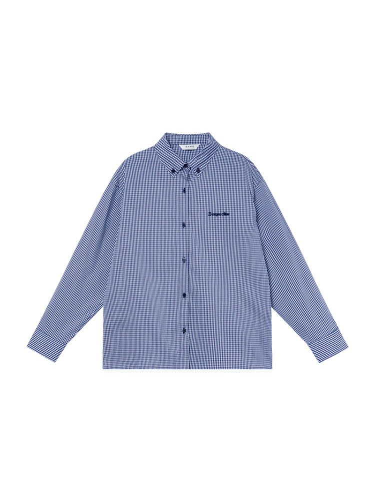 Blue gingham long-sleeve button-up shirt laid flat on a white background
