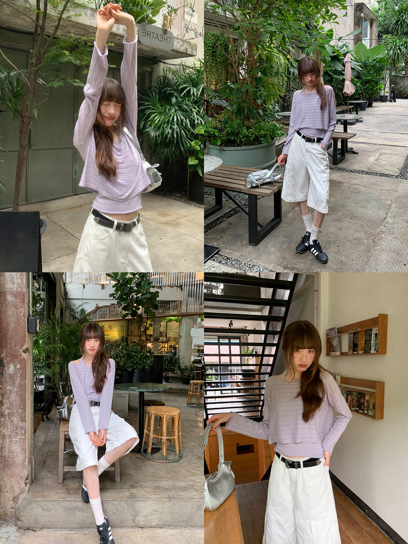 Model wearing a lavender long-sleeve knit top styled with white bottoms in multiple poses