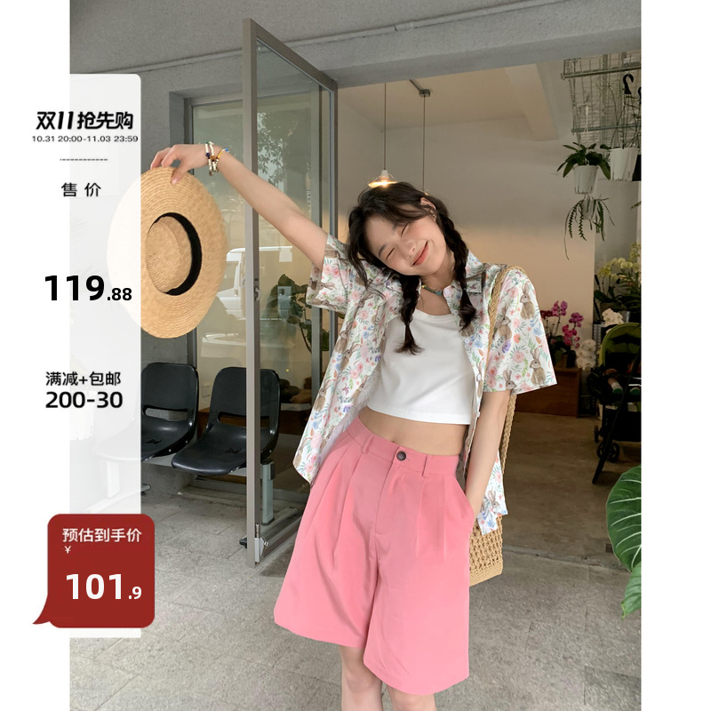 你好卡农 高腰阔腿短裤女夏季2023新款设计感宽松显瘦五分休闲裤