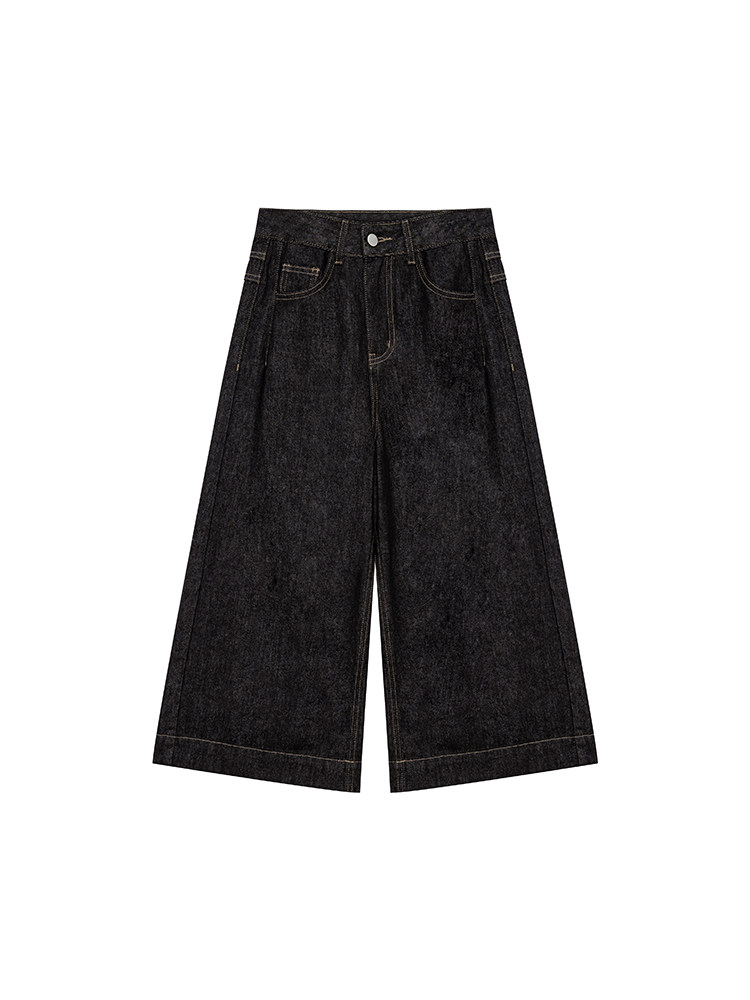 Black wide-leg denim jeans laid flat on a white background