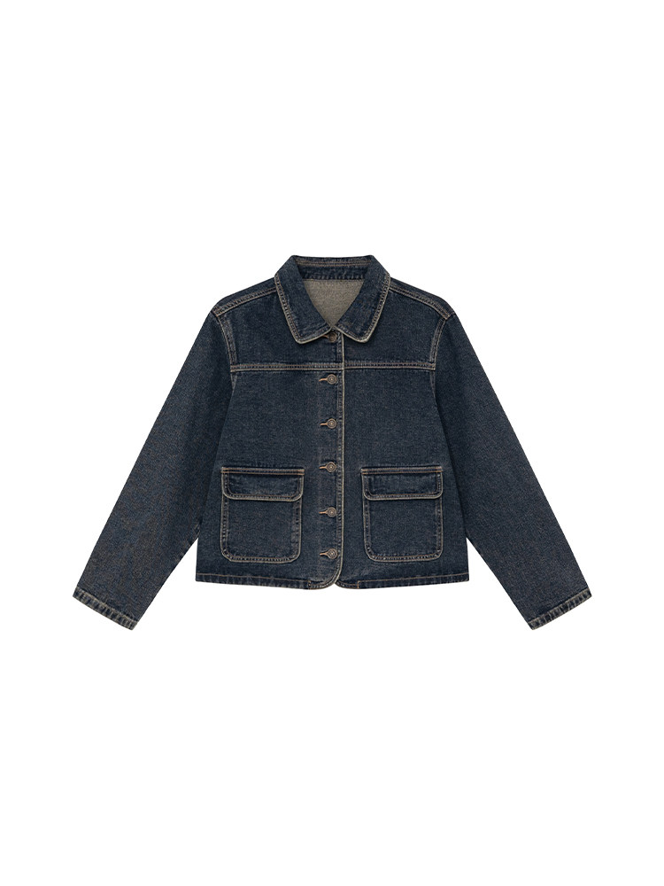 Dark denim button-up jacket laid flat on a white background