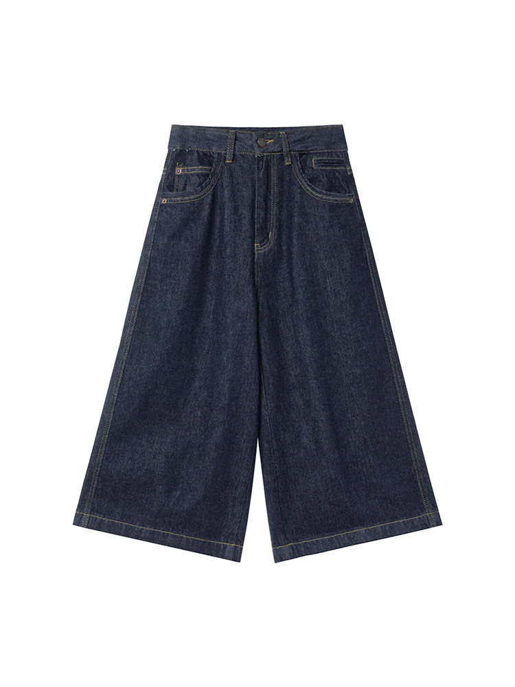 Dark blue wide-leg denim pants laid flat on a white background