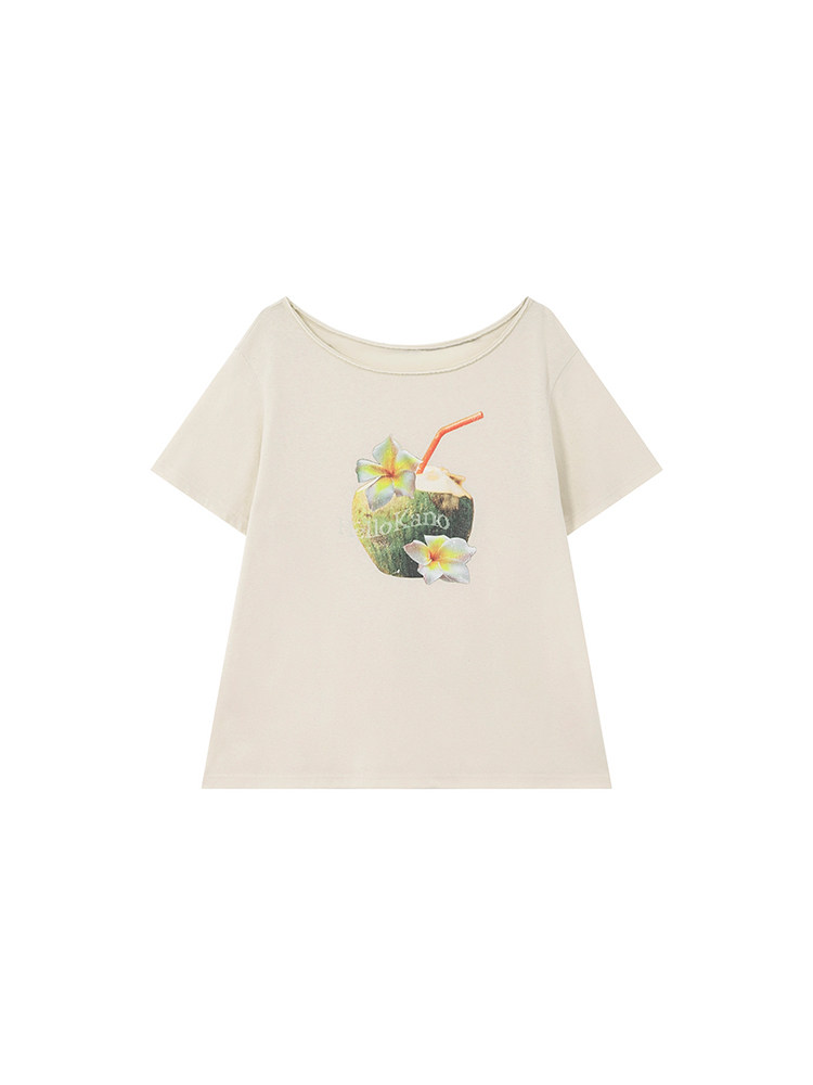Off-white short sleeve T-shirt with a tropical coconut drink graphic print