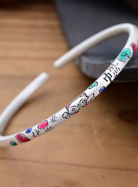 新款S999千足银国潮猫咪开口手镯