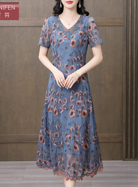香妮芬高级感刺绣妈妈连衣裙女夏季2026新款独特漂亮气质短袖裙子