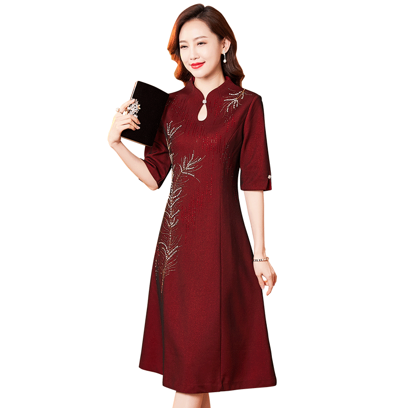 香妮芬手工钉珠绣花时尚妈妈婚宴礼服高贵优雅气质连衣裙2025新款