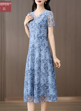 香妮芬水晶纱中年妈妈连衣裙女高端品牌洋气2026夏季新款v领短袖