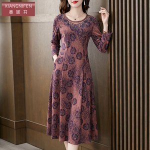 香妮芬气质中年妈妈圆领连衣裙女2026新款春季季羊绒收腰显瘦长袖