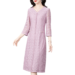 香妮芬紫色高端蕾丝中年妈妈气质温柔风2025新款夏装七分袖连衣裙