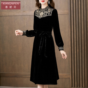 香妮芬真丝高端气质妈妈连衣裙女系带收腰显瘦2026新款春季长袖裙