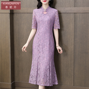 裙子 蕾丝高端气质短袖 香妮芬中年妈妈高级感连衣裙女2025新款 夏季