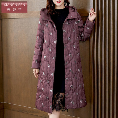 高端气质中长款过膝白鹅绒羽绒服女2025新款冬季中年妈妈碎花外套