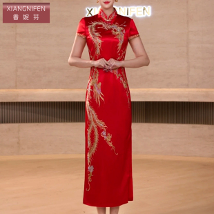 香妮芬新中式凤凰刺绣醋酸旗袍2026修身显瘦妈妈婚宴礼服连衣裙