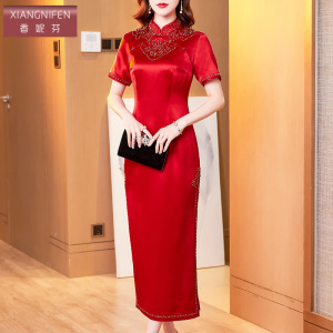 香妮芬2026春新款醋酸短袖立领连衣裙高端洋气精致婚宴礼服妈妈装