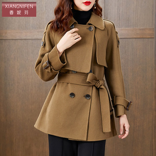 香妮芬时尚双面呢羊毛羊绒大衣女2025新款秋冬季气质系带短款外套