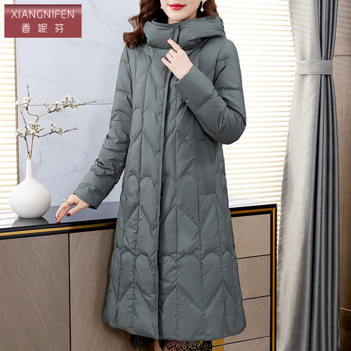 高端气质连帽中长款白鸭绒羽绒服女2025新款冬季时尚洋气过膝外套