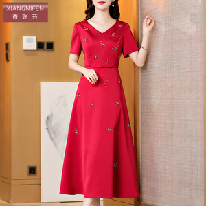 香妮芬v领醋酸妈妈婚宴礼服连衣裙平时可穿2026夏新款短袖大摆裙