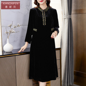 香妮芬黑色真丝丝绒高贵优雅阔太太刺绣连衣裙2026新款春秋打底裙