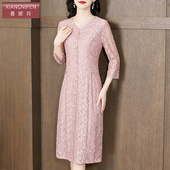 高档蕾丝七分袖 香妮芬高贵优雅中年妈妈连衣裙女2025新款 夏装 裙子