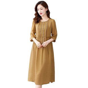 香妮芬苎麻高端贵夫人阔太太休闲连衣裙女2025新款秋季宽松气质裙