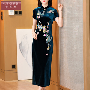 香妮芬立领气质绣花妈妈婚宴礼服改良旗袍2026夏季新款短袖连衣裙