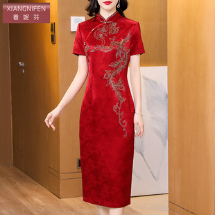 香妮芬立领短袖龙凤刺绣旗袍2025夏新款气质高贵喜婆婆宴会连衣裙