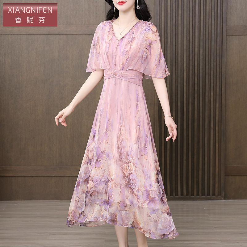 香妮芬紫色优雅气质轻奢2025夏新款桑蚕丝真丝中年妈妈v领连衣裙