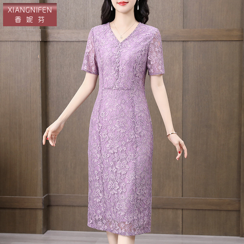 香妮芬高端蕾丝收腰显瘦气质妈妈连衣裙女2026夏季新款V领中长裙
