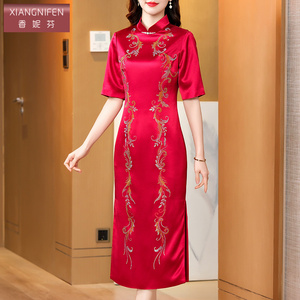 香妮芬刺绣高端婚宴装礼服妈妈喜婆婆醋酸连衣裙2026新款气质修身