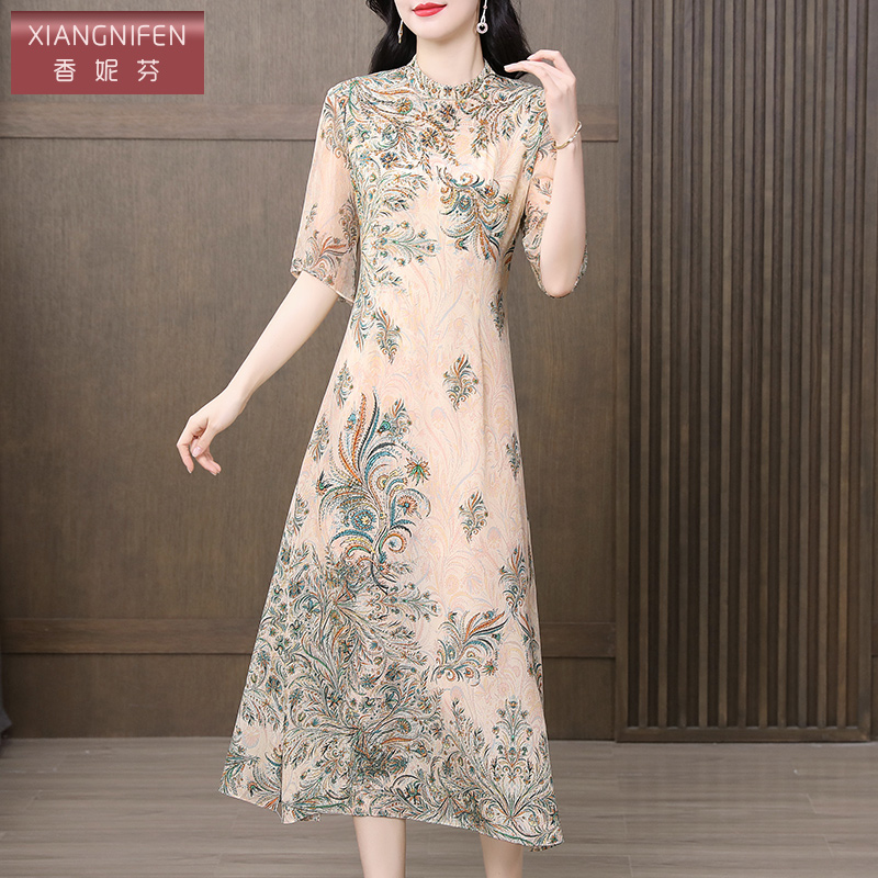 香妮芬高端轻奢2025夏季新款桑蚕丝真丝连衣裙短袖立领中年妈妈裙