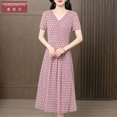 香妮芬v领短袖 高端中老年女装 显年轻气质妈妈连衣裙2025夏季 新款