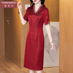 香妮芬高端气质妈妈连衣裙女醋酸材质贵妇人2026夏季新款婚宴礼服