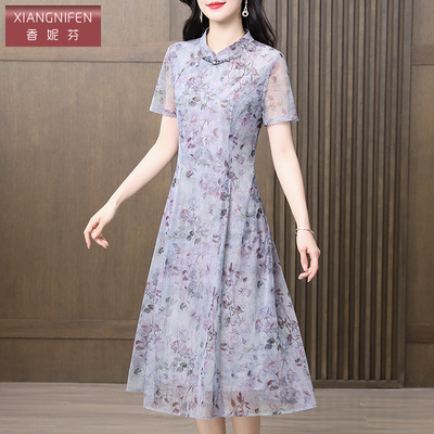 香妮芬气质碎花立领短袖中年妈妈夏日连衣裙2025新款端庄大气裙子