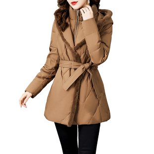 香妮芬棕色连帽白鸭绒羽绒服女中长款修身2025年冬季新款保暖外套
