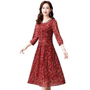 香妮芬红色漂亮洋气中年妈妈台湾纱连衣裙女2026新款夏季弹力收腰
