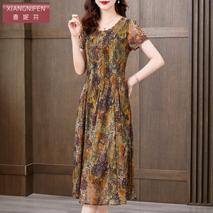 香妮芬品牌高档弹力台湾纱妈妈连衣裙女夏2026新款圆领花色中长裙