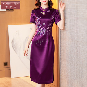 香妮芬2026春季新款紫色醋酸短袖婚宴礼服喜婆婆阔太太收腰连衣裙