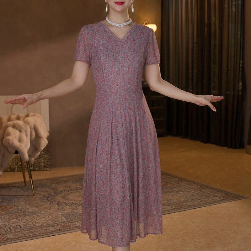 香妮芬简约大气短袖v领中年妈妈气质连衣裙女2025新款夏收腰显瘦