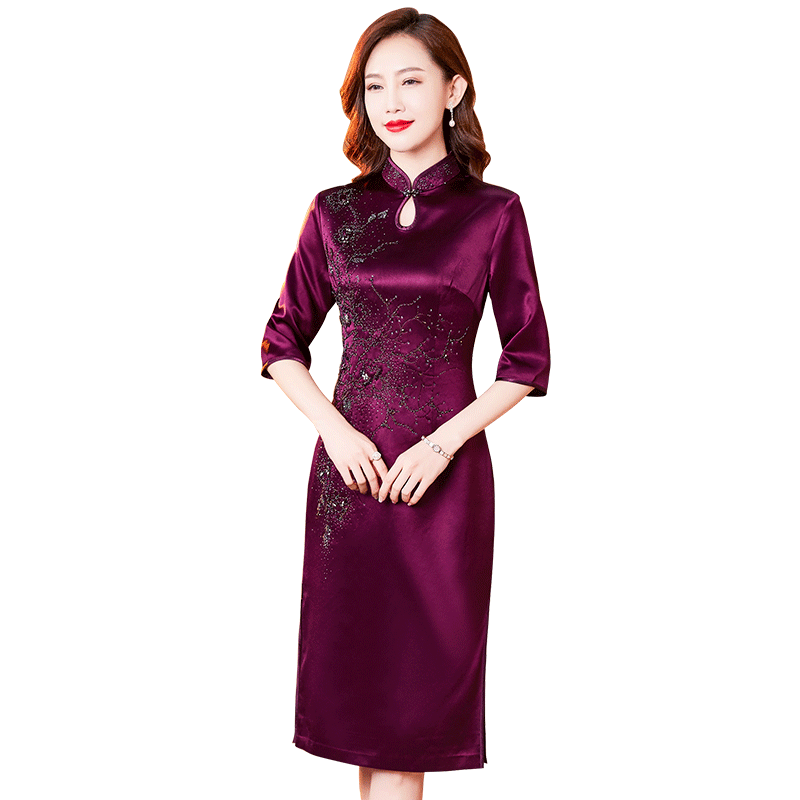 香妮芬手工钉珠高贵优雅醋酸连衣裙女2025新春季气质妈妈婚宴礼服