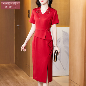 香妮芬醋酸缎面喜婆婆阔太太气质妈妈婚宴礼服连衣裙2026夏季新款