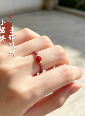 天然石榴石朱砂戒指女款轻奢小众设计感高级精致闺蜜礼物26年新款