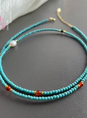 极细天然淡水珍珠孔雀石仿绿松石串珠项链女高级感小众锁骨链配饰