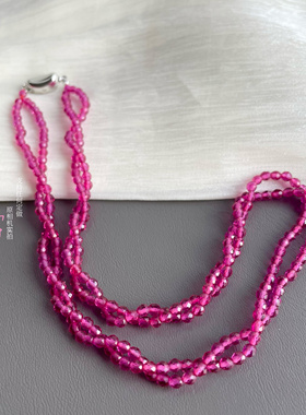 高级玫红宝石色项链女款粉色双层超闪粉尖晶元宝扣明星同款3m极细