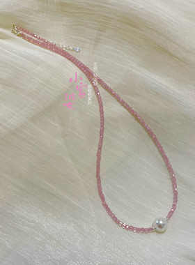粉色项链刻面方糖巨显白粉锆石锁骨链珍珠正圆无暇贝珠款女少女链