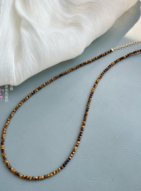 天然2毫米虎眼石多切面珠项链锁骨链长度可定制新中式串珠小众款