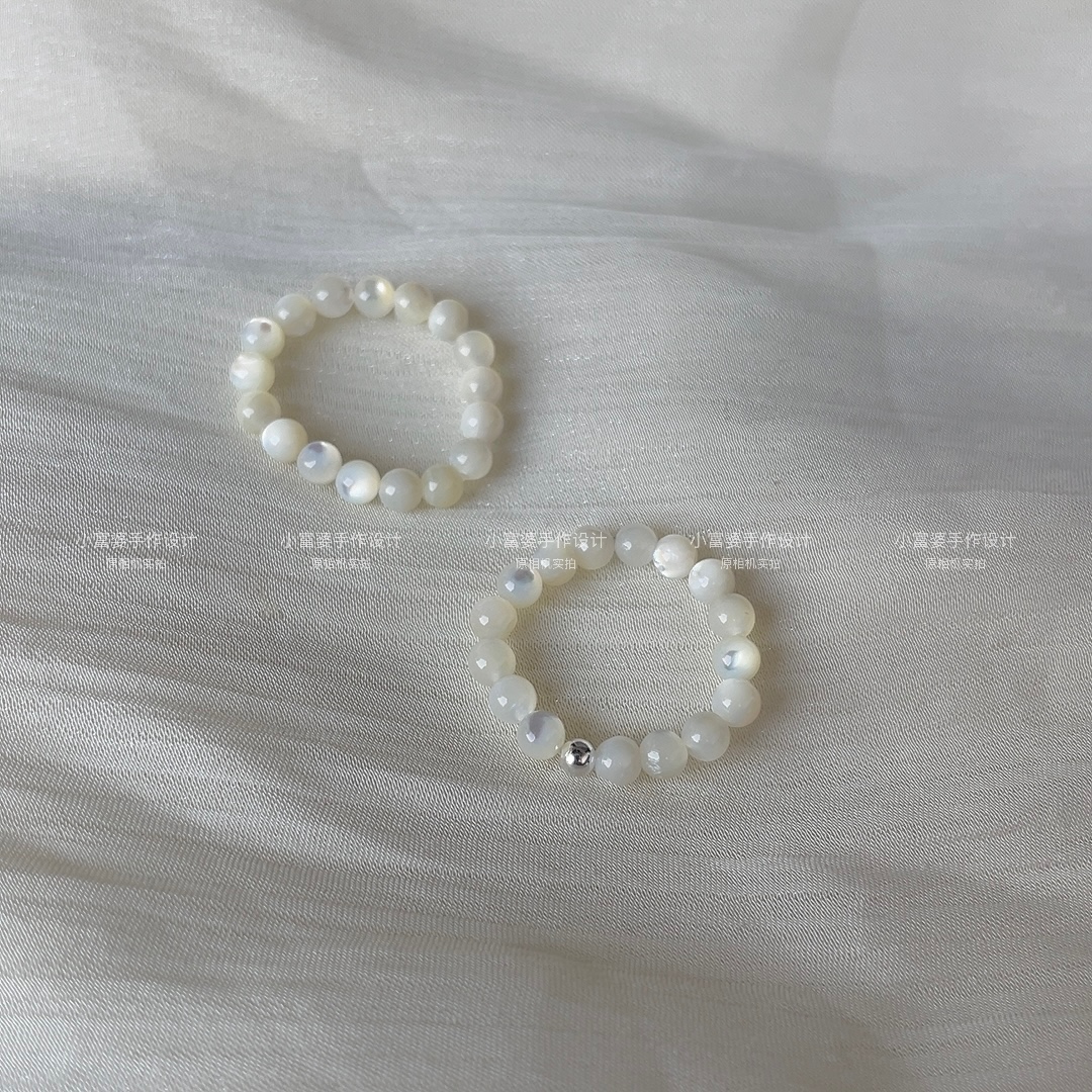 超润白碟贝极光3m圆珠戒指个性女款弹力纯银指环淡雅风个性小富婆